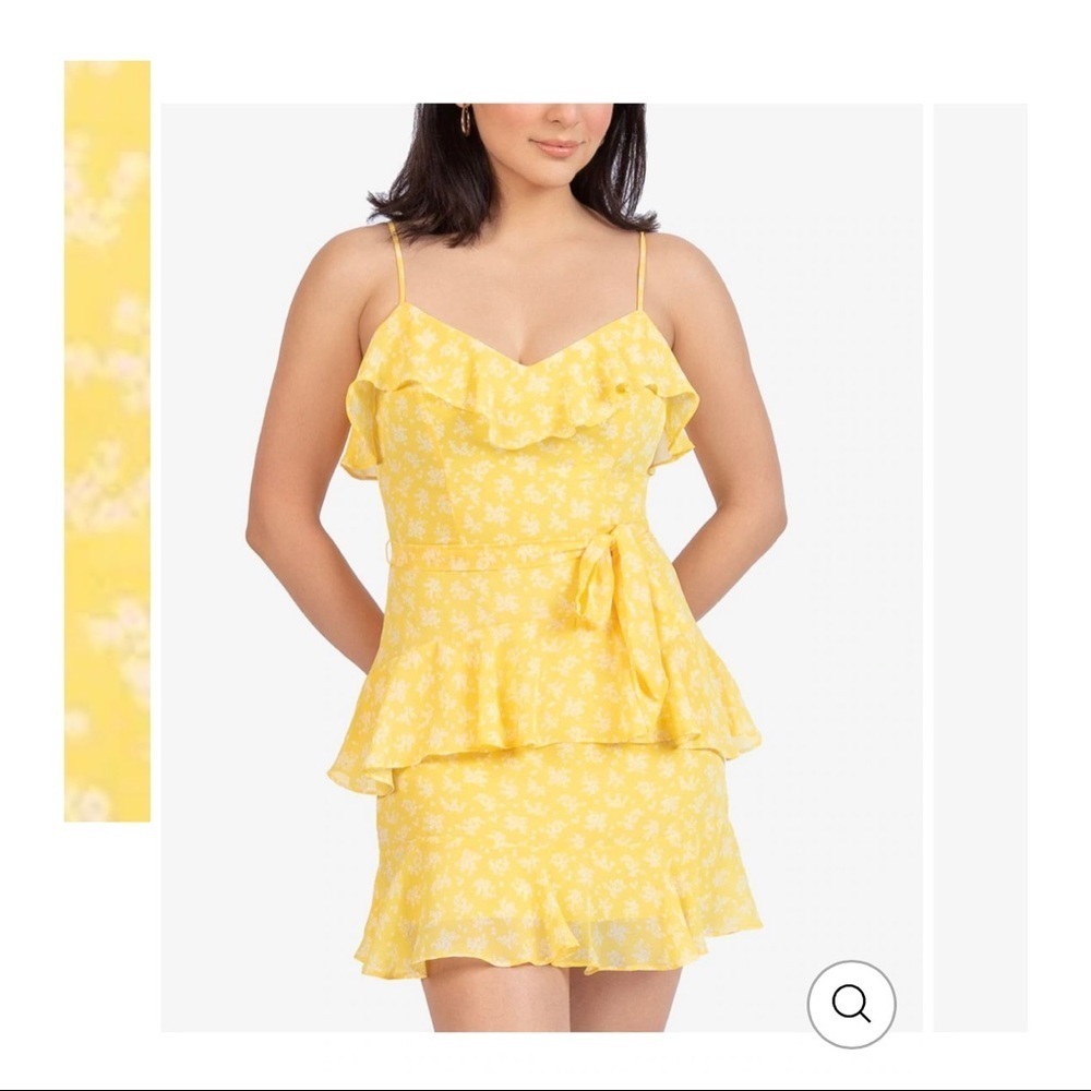 B. Darlin Spaghetti Strap Tie-Waist Ditsy Print Layered Ruffle Hem Dress